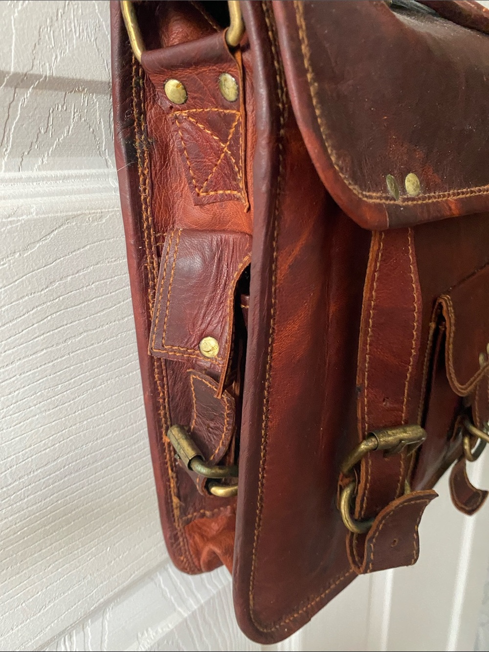 Vintage Brown Leather Messenger Bag with Brass Hardware - Picture 2 of 13